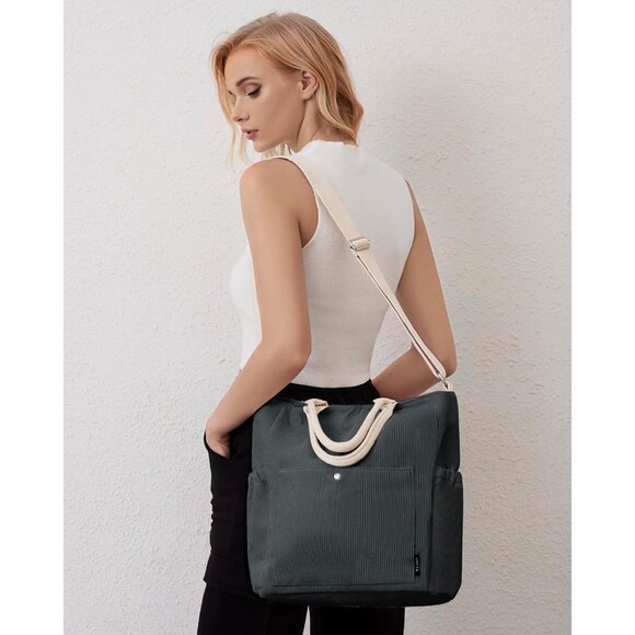 Prite Women Grey Corduroy Large Hobo Shoulder Crossbody Tote Bag With Pockets - Picture 2 of 6